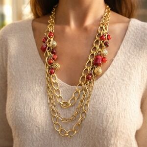 Necklace Gold Tone Multi Strand Red Bead Filigree Bauble Chunky Statement Link